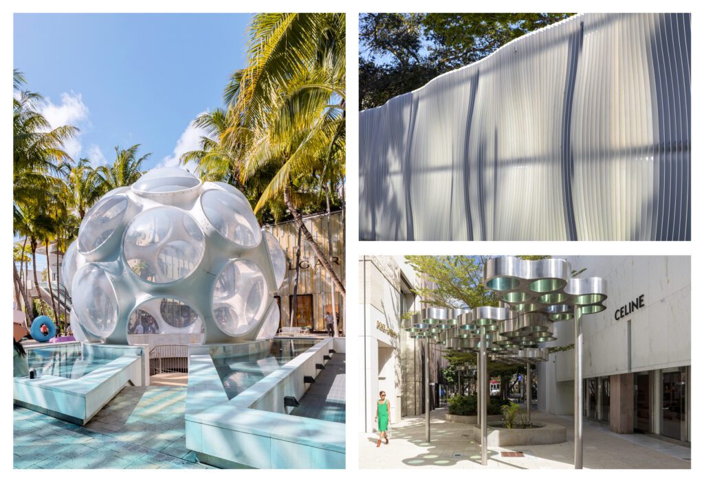 Left: Buckminster Fuller: “Fly’s Eye Dome,” 1979/80-2014 (Photo by Louis Gomez/Courtesy of Miami Design District); Top: Marc Newson: “Dash Fence,” 2007 (Photo by Jill Peters/Courtesy of Miami Design District); Bottom: Ronan and Erwan Bouroullec: “Nuage,” 2017 (Photo by Jill Peters/Courtesy of Miami Design District)