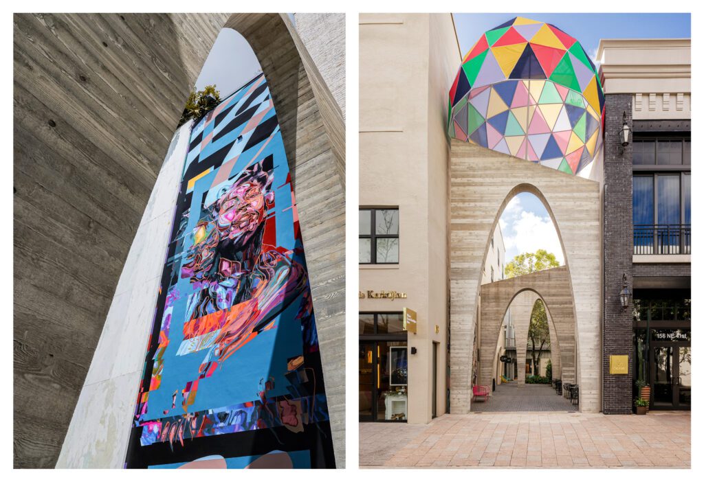 Left: Amani Lewis: “Baltimore’s Finest,” 2021-2022 (Photo by Luis Gomez/Courtesy of Miami Design District); Right: Daniel Toole: “Jade Alley,” 2017 (Photo by Kris Tamburello/Courtesy of Miami Design District)