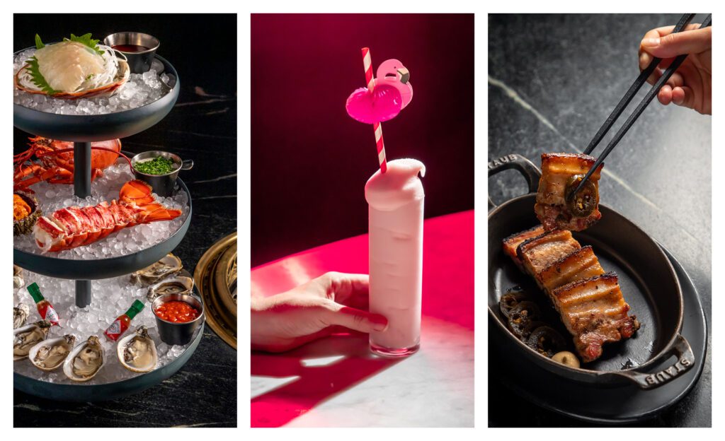 Left: The Grand Plateau features a dozen east and west coast oysters, Maine lobster, Gulf shrimp, and COTE ceviche (Photo by Gary He / Courtesy of COTE); Center: The Frosé at COTE Miami is made with rosé wine, Campari, Aperol, grapefruit, and lemon  (Photo by World Red Eye / Courtesy of COTE); Right: Korean bacon (Photo by Gary He / Courtesy of COTE)