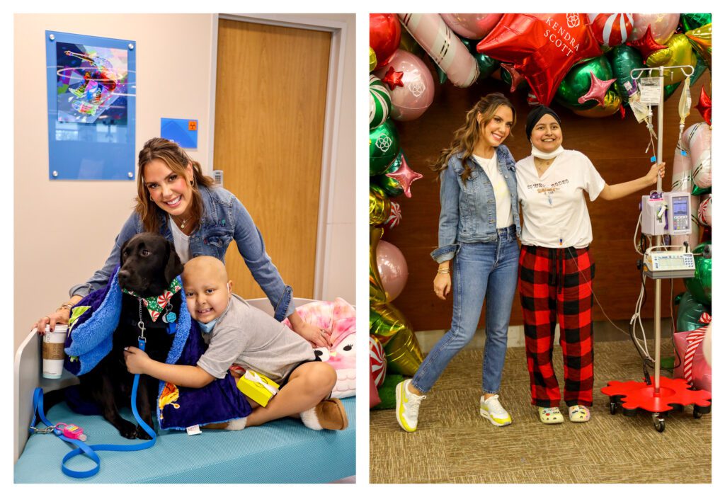 Left: Kendra Scott doing in-patient visits at Dell Children’s Medical Center in Austin, TX; Right: Kendra Scott at Dell Children’s Medical Center during a Kendra Cares event  in Austin, TX 