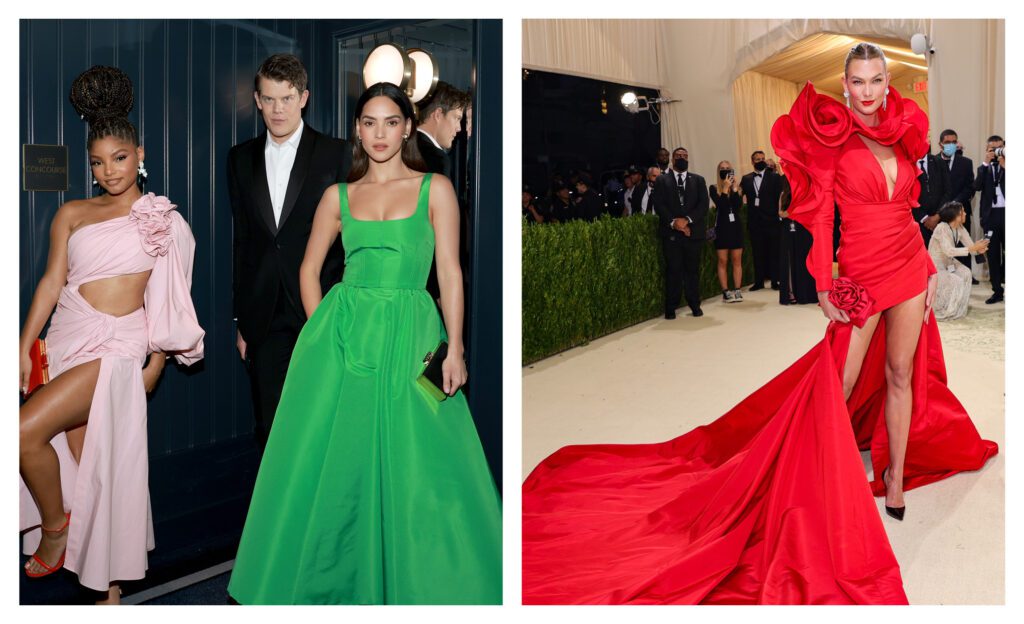 Left: (L-R) Halle Bailey, Wes Gordon, and Adria Arjona attend the CFDA Fashion Awards at Casa Cipriani in 2022 (Photo by Jason Mendez/Getty Images) Right: Karlie Kloss at the 2021 Met Gala in a custom red rose-inspired gown designed by Wes Gordon (Photo by Theo Wargo/Getty Images)