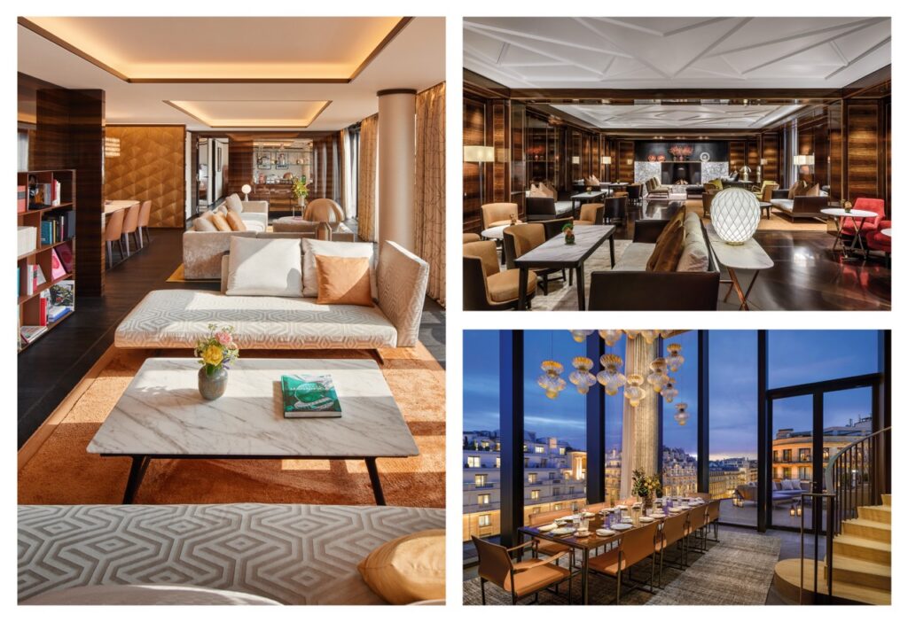 Living room of the BULGARI Suite at BULGARI Hotel Paris; Il Lounge at BuLGARI Hotel Paris; Penthouse dining room at BULGARI Hotel Paris